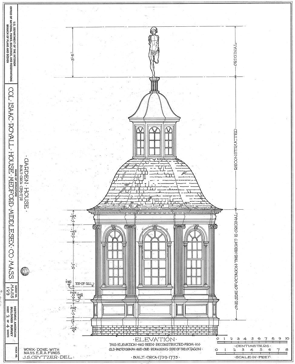 HABS architectural drawing of the summer house, by Medford resident Jacob S. Crytzer, 1935 reconstruction rendering