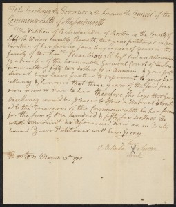 Belinda Sutton's 1788 petition. Courtesy of Mass. Archives